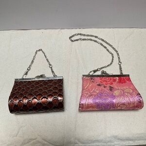 Pink Silk floral kiss, lock, coin, purse, mini bag  Brown faux croc Wallet